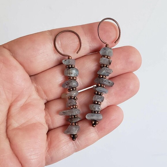 Matte KYANITE Linear Earrings in solid Copper Rustic Tribal Boho Stick - Picture 3 of 7